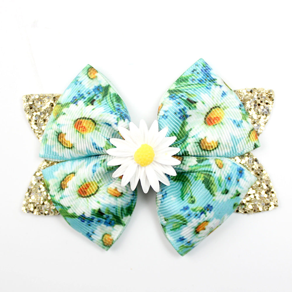 Wholesale 5pcs Shiny Boutique Bow Daisy Sunflower Print Hair Clip